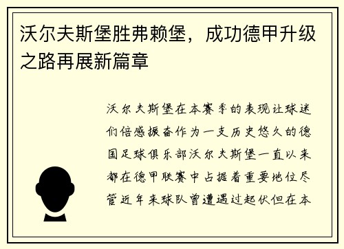 沃尔夫斯堡胜弗赖堡，成功德甲升级之路再展新篇章