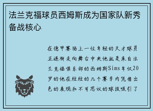 法兰克福球员西姆斯成为国家队新秀备战核心